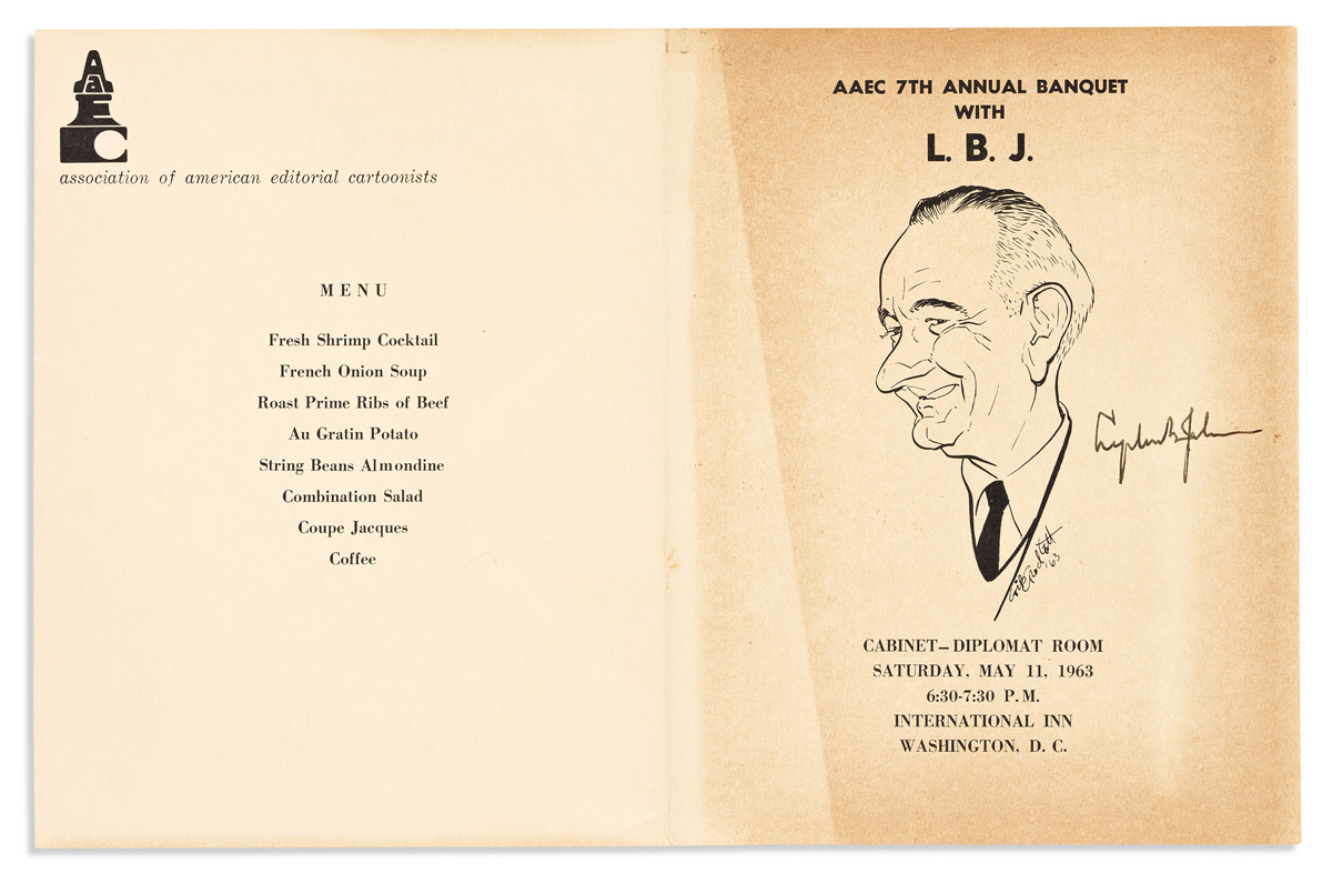 JOHNSON, LYNDON B. Signature on a menu for the Association of American Editorial Cartoonists 7th Annual Banquet,